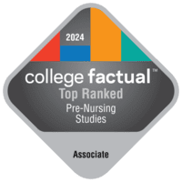 A diamond-shaped badge with a gray border and colored segments at the top. Text reads "2024 college factual Top Ranked Pre-Nursing Studies" with "Associate" at the bottom. The colors at the top are orange, red, blue, and green.