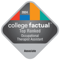 Diamond-shaped badge with "2024" at the top, colorful bars in blue, green, orange, and red, and text: "college factual™ Top Ranked Occupational Therapist Assistant." The word "Associate" appears at the bottom.