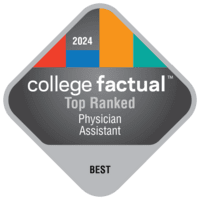 A badge-shaped graphic with "2024" at the top, five colored bars, and text reading "college factual Top Ranked Physician Assistant" in the center. The word "Best" is at the bottom on a gray ribbon.