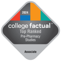 An award badge from College Factual for Top Ranked Pre-Pharmacy Studies Associate programs in 2024. The badge features a diamond shape with colorful segments at the top and text indicating the award and year in the center.